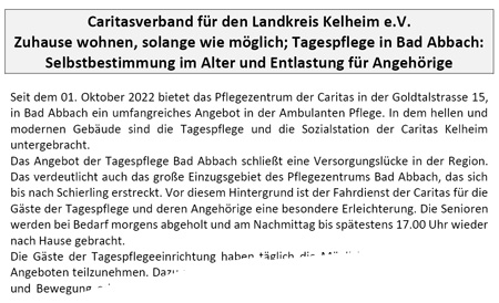 Information vom Caritasverband Kelheim e.V. - Tagespflege in Bad Abbach